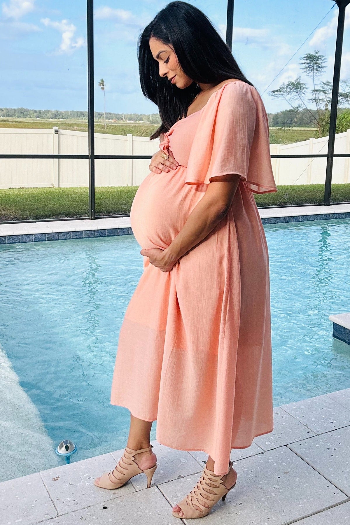 Peach Front Tie Ruffle Sleeve Maternity Midi Dress by PinkBlush at Everetts Place