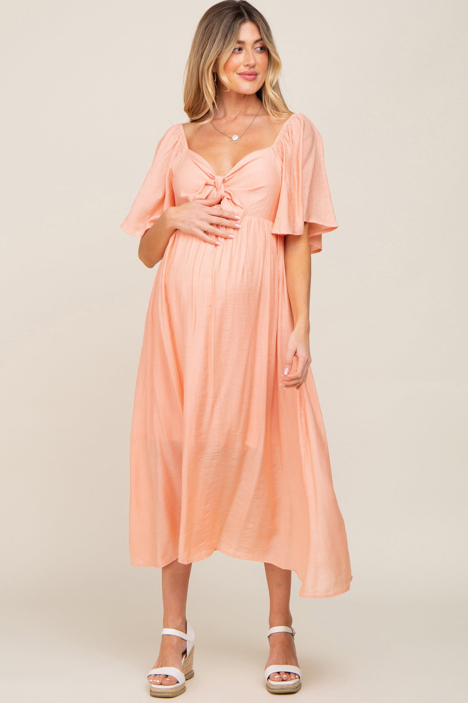Peach Front Tie Ruffle Sleeve Maternity Midi Dress by PinkBlush at Everetts Place