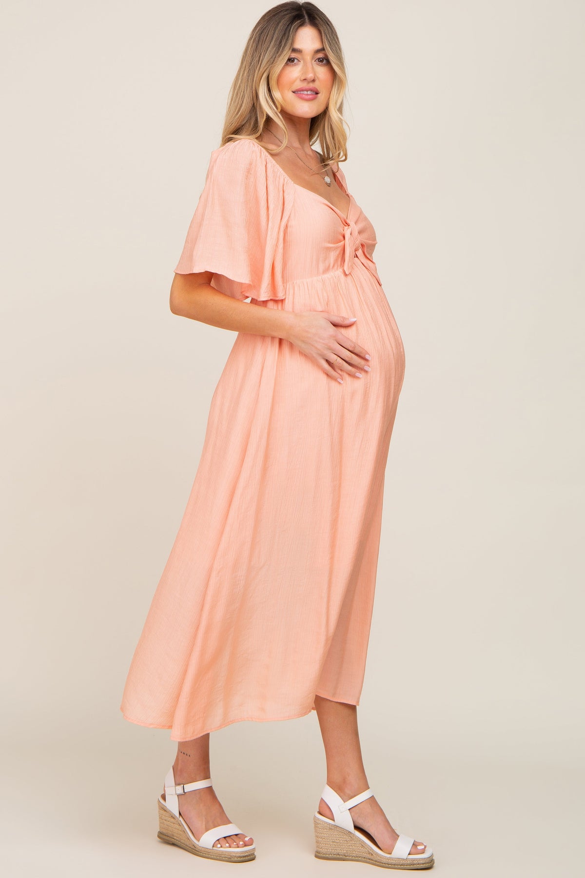 Peach Front Tie Ruffle Sleeve Maternity Midi Dress by PinkBlush at Everetts Place