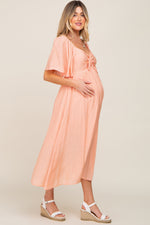 Peach Front Tie Ruffle Sleeve Maternity Midi Dress by PinkBlush at Everetts Place
