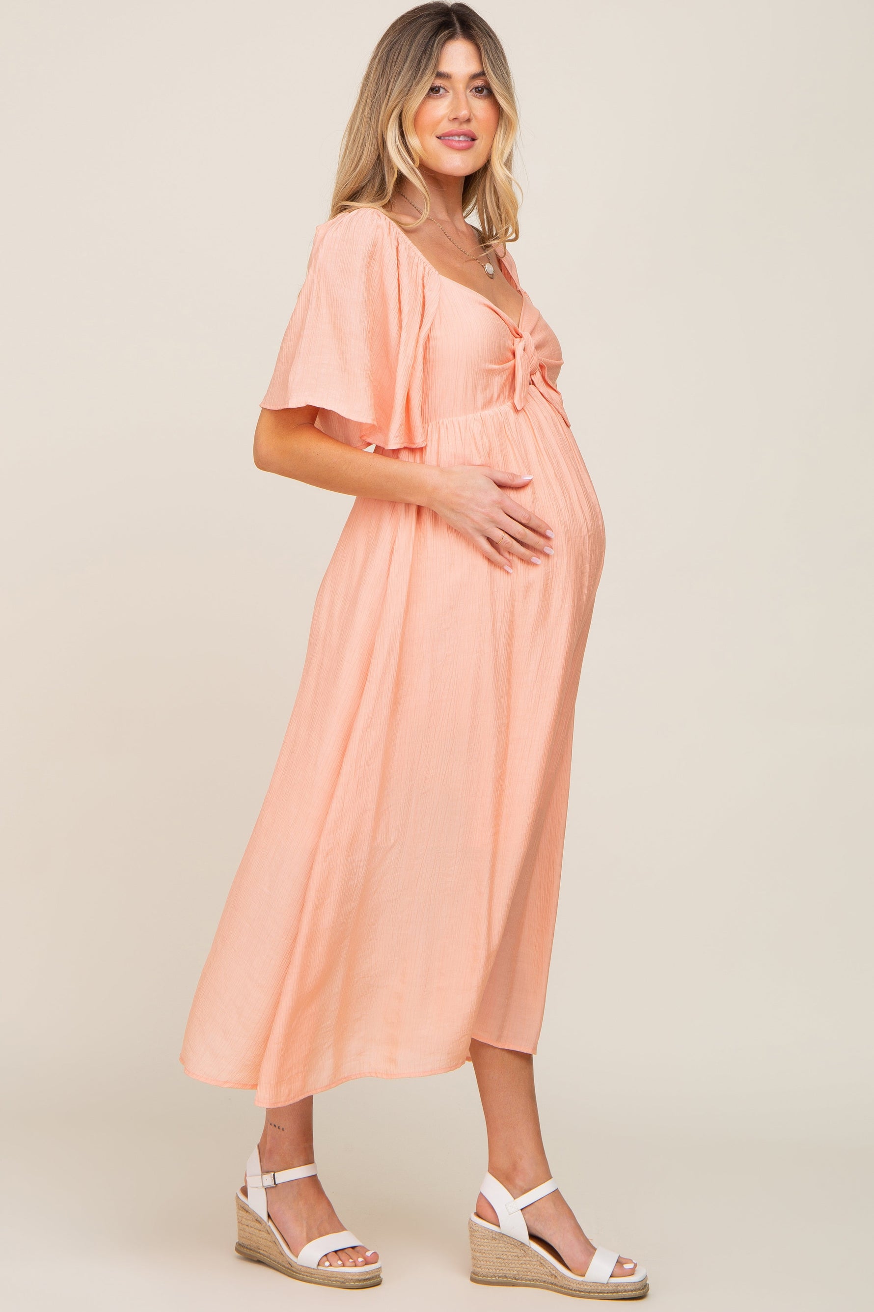 Peach Front Tie Ruffle Sleeve Maternity Midi Dress by PinkBlush at Everetts Place