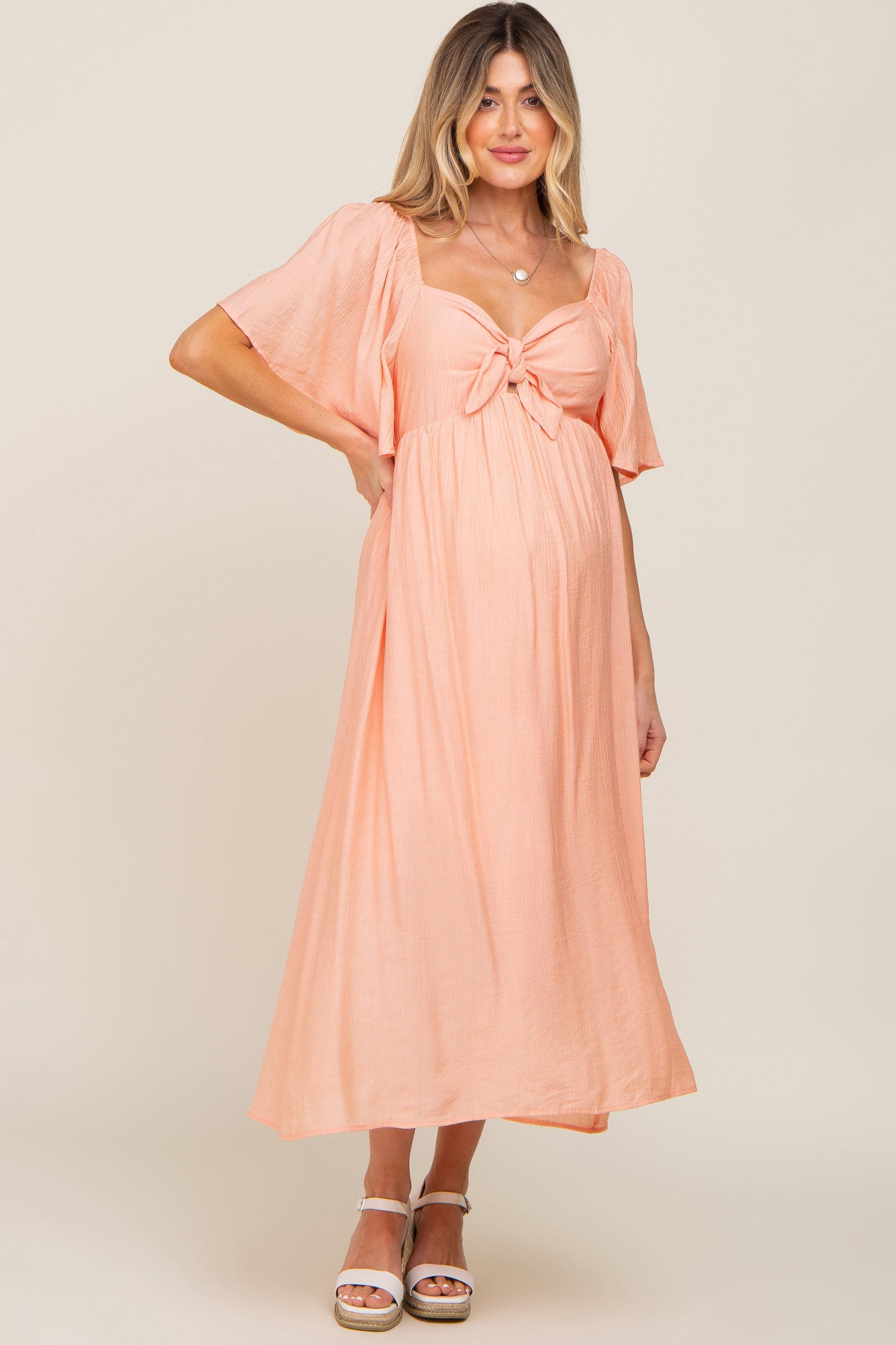 Peach Front Tie Ruffle Sleeve Maternity Midi Dress by PinkBlush at Everetts Place