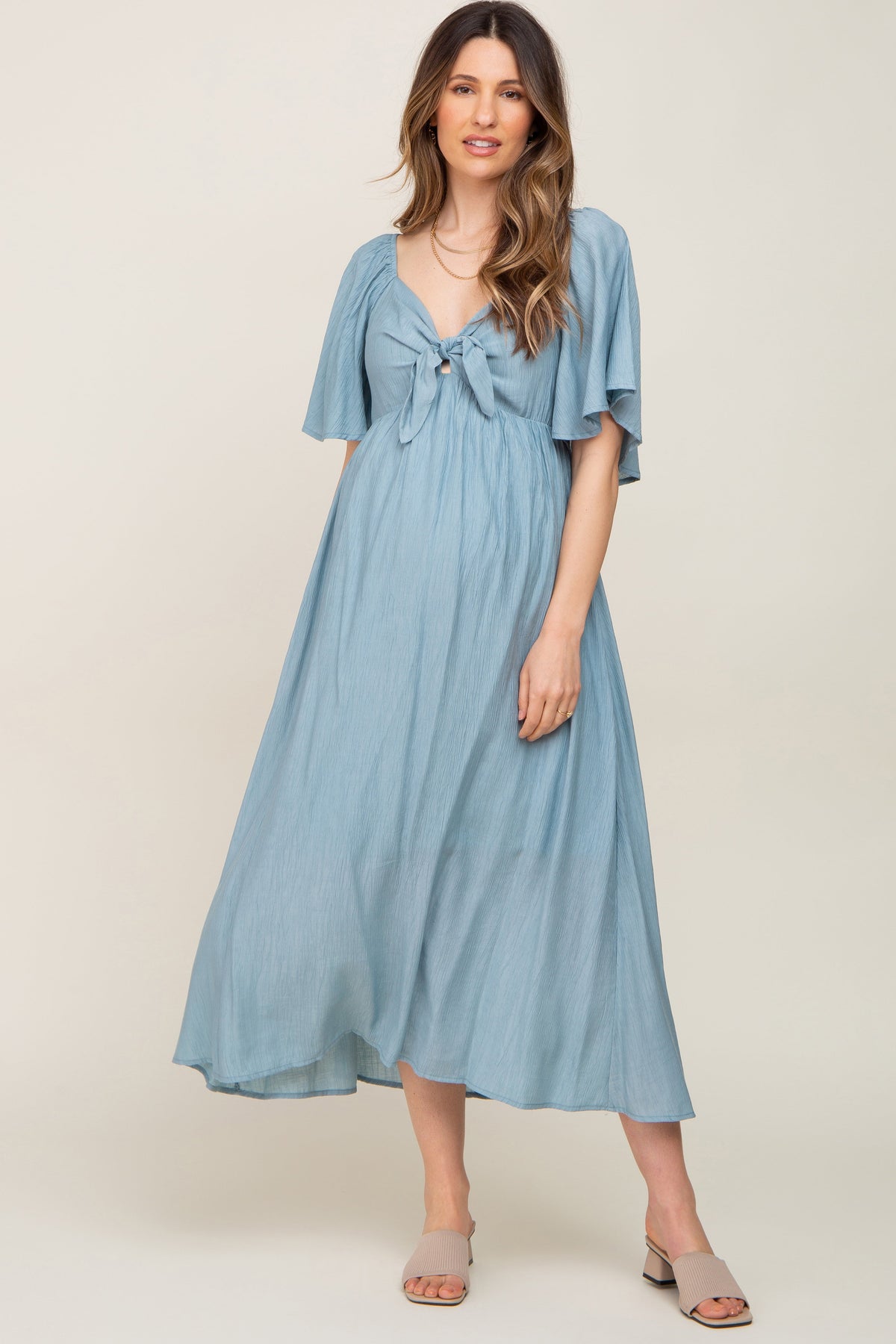 Blue Front Tie Ruffle Sleeve Maternity Midi Dress by PinkBlush (view 5 of 9)