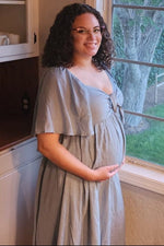 Blue Front Tie Ruffle Sleeve Maternity Midi Dress by PinkBlush (view 7 of 9)