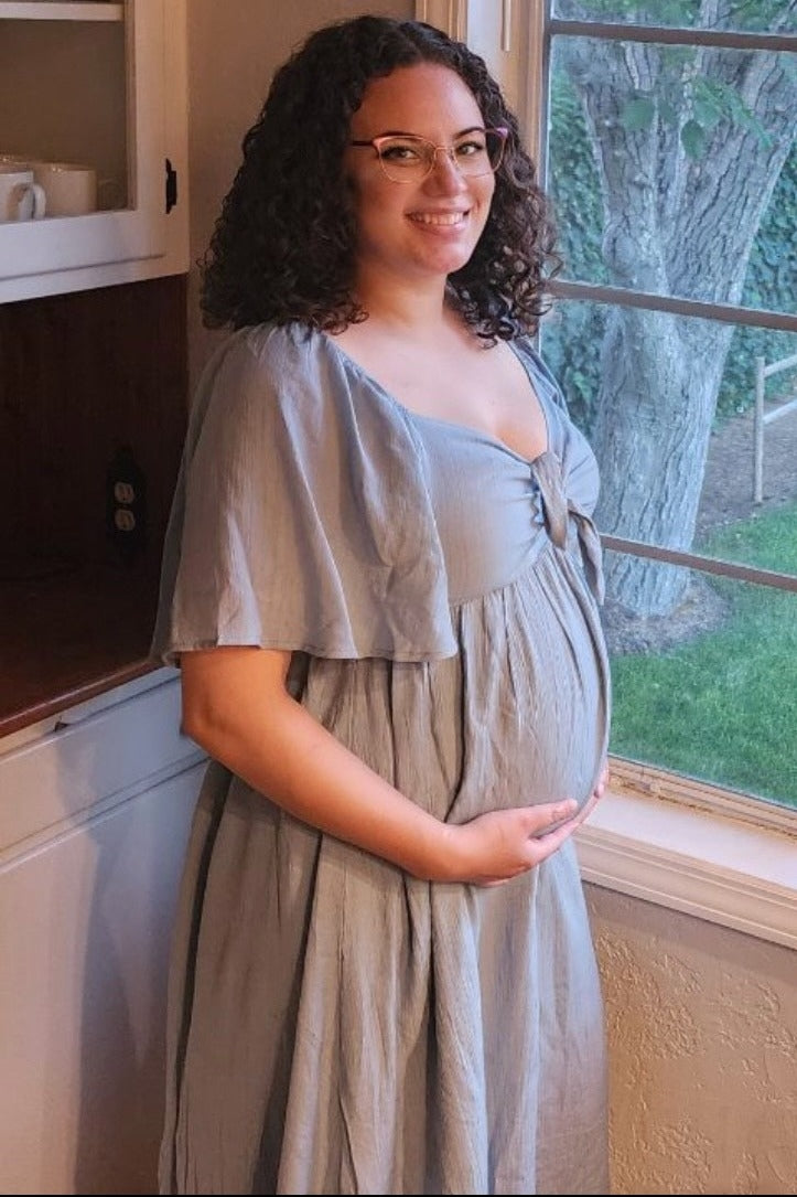 Blue Front Tie Ruffle Sleeve Maternity Midi Dress by PinkBlush (view 7 of 9)