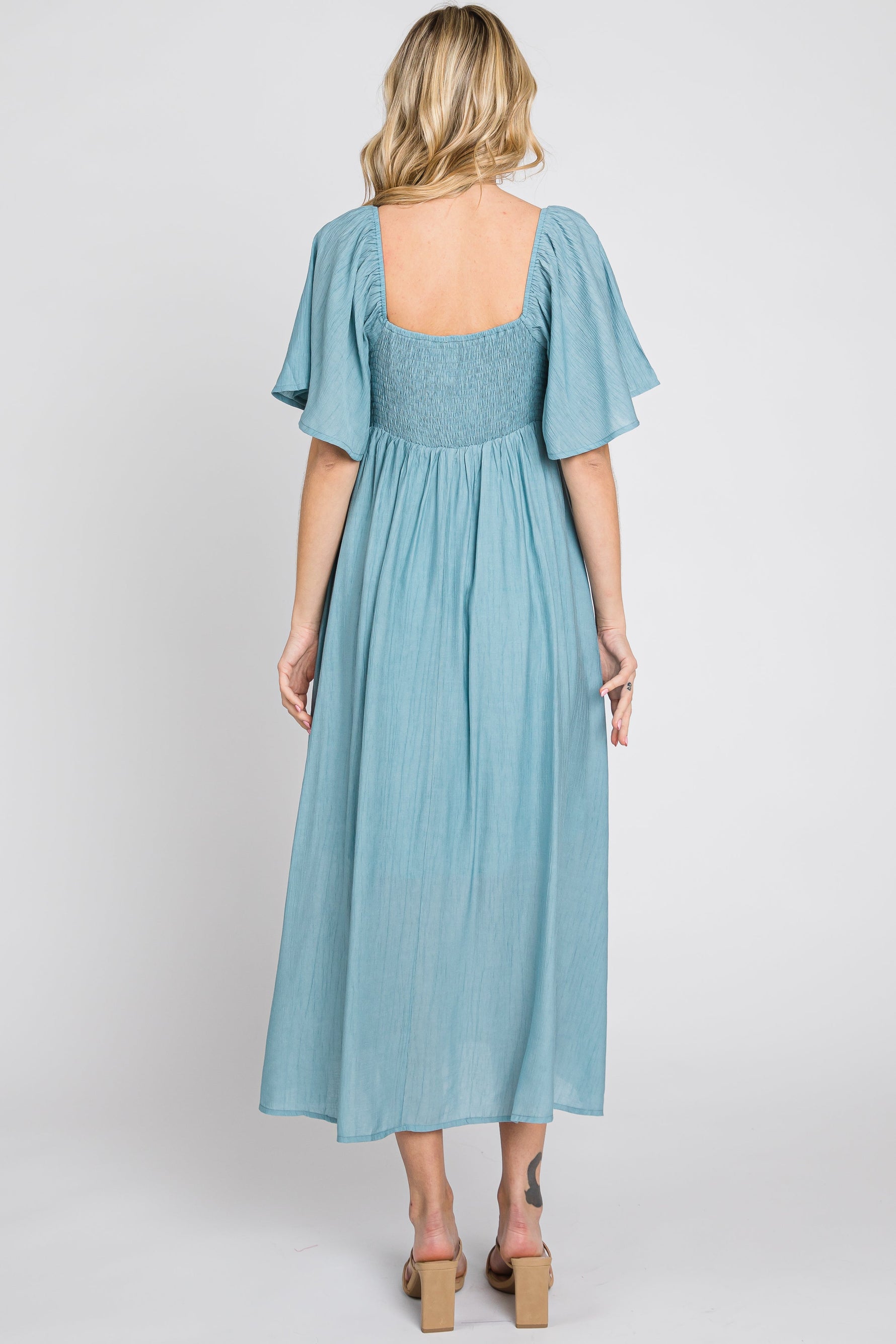 Blue Front Tie Ruffle Sleeve Midi Dress by PinkBlush at Everetts Place