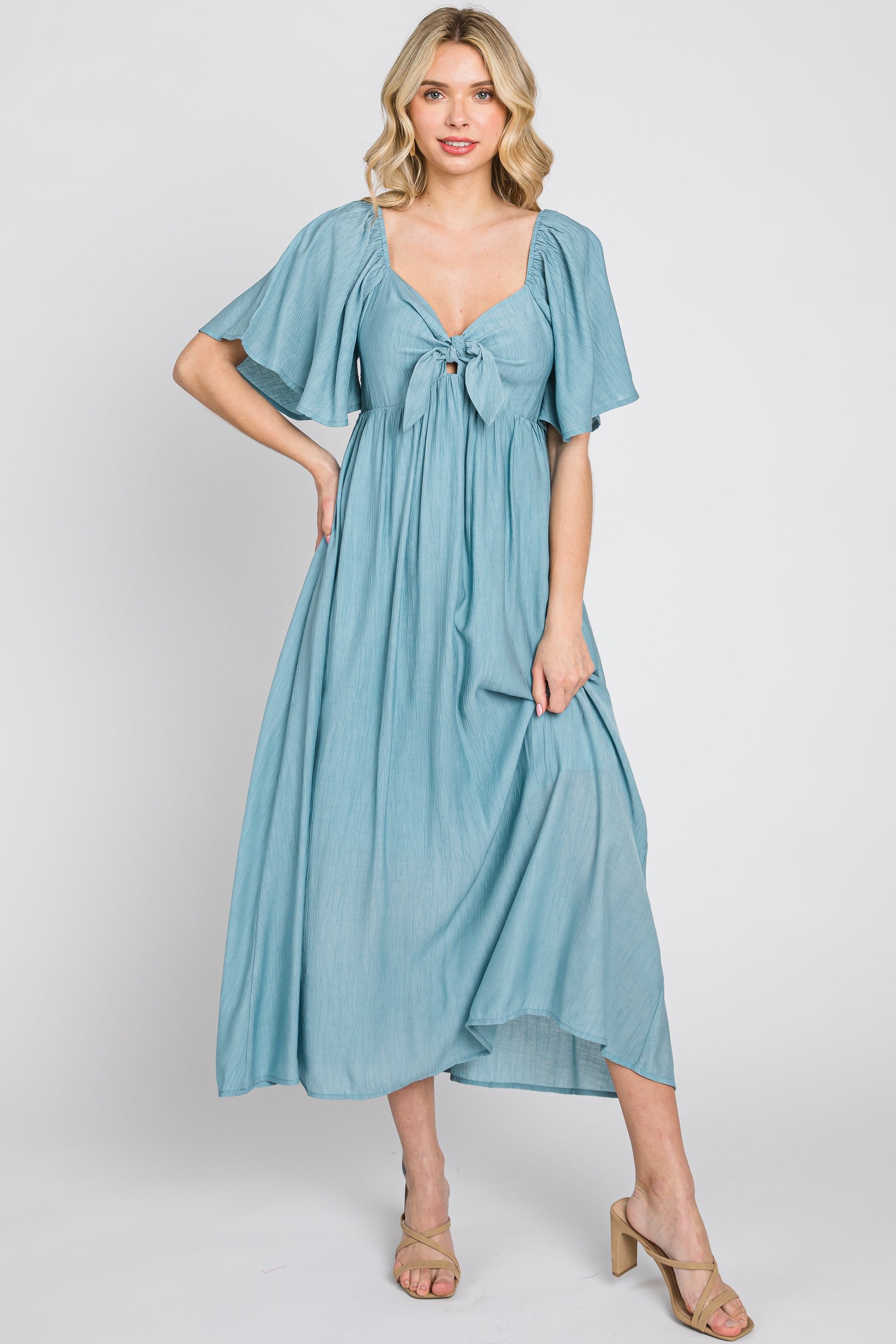 Blue Front Tie Ruffle Sleeve Midi Dress by PinkBlush at Everetts Place