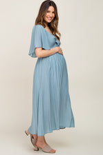 Blue Front Tie Ruffle Sleeve Maternity Midi Dress by PinkBlush (view 2 of 9)