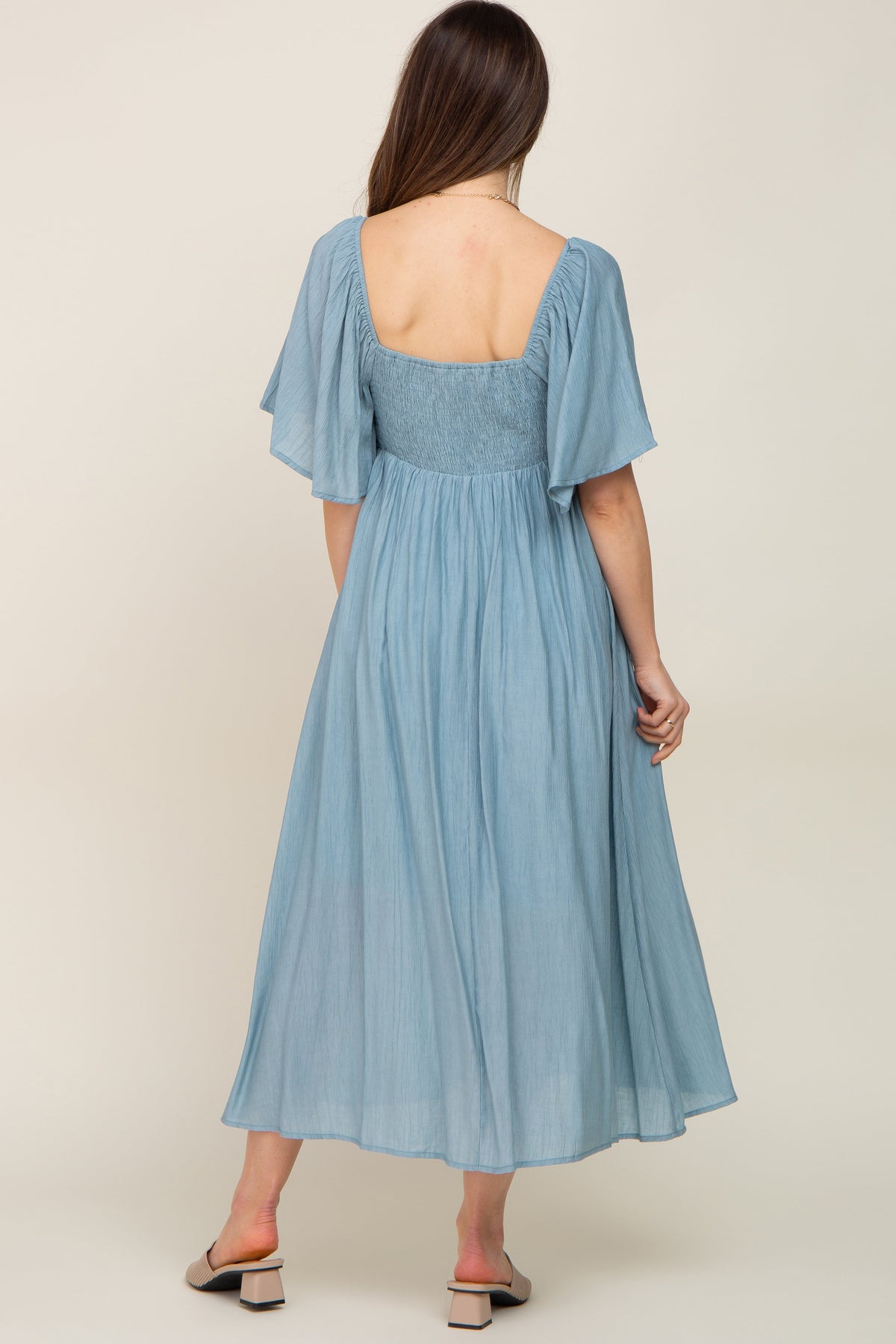 Blue Front Tie Ruffle Sleeve Maternity Midi Dress by PinkBlush (view 3 of 9)