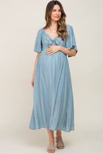 Blue Front Tie Ruffle Sleeve Maternity Midi Dress by PinkBlush (view 4 of 9)