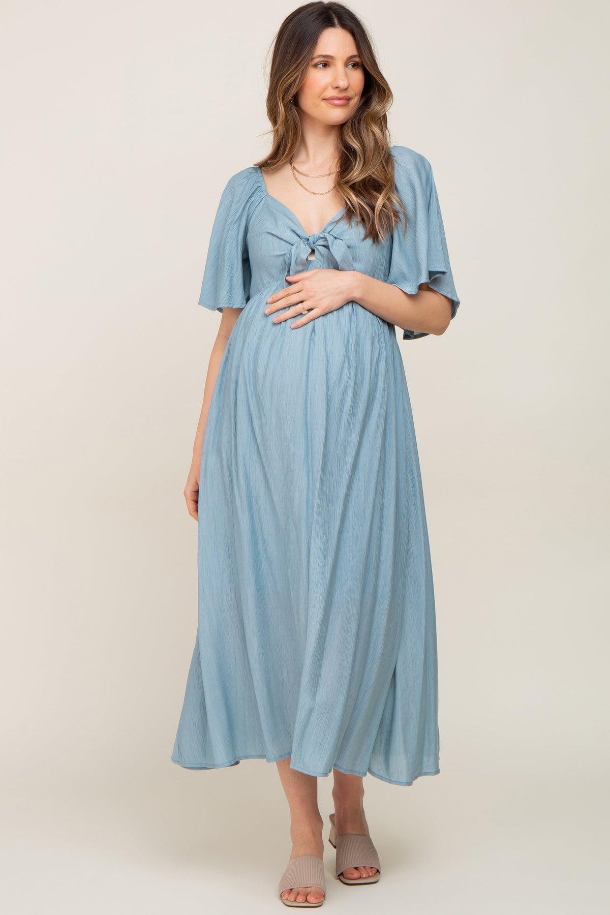 Blue Front Tie Ruffle Sleeve Maternity Midi Dress by PinkBlush (view 4 of 9)