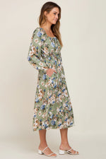 PinkBlush Elegant Floral Midi Dress with Puff Sleeves and Pockets for Women - Apparel & Accessories > Clothing > Dresses
