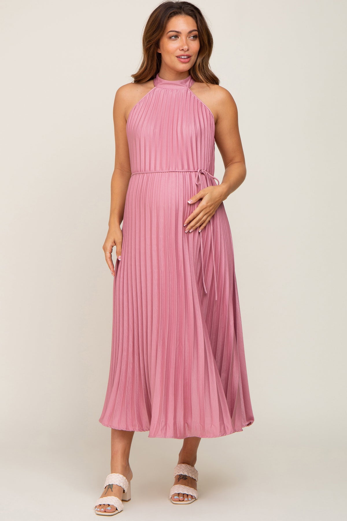 Pink Pleated Maternity Halter Dress by PinkBlush at Everetts Place