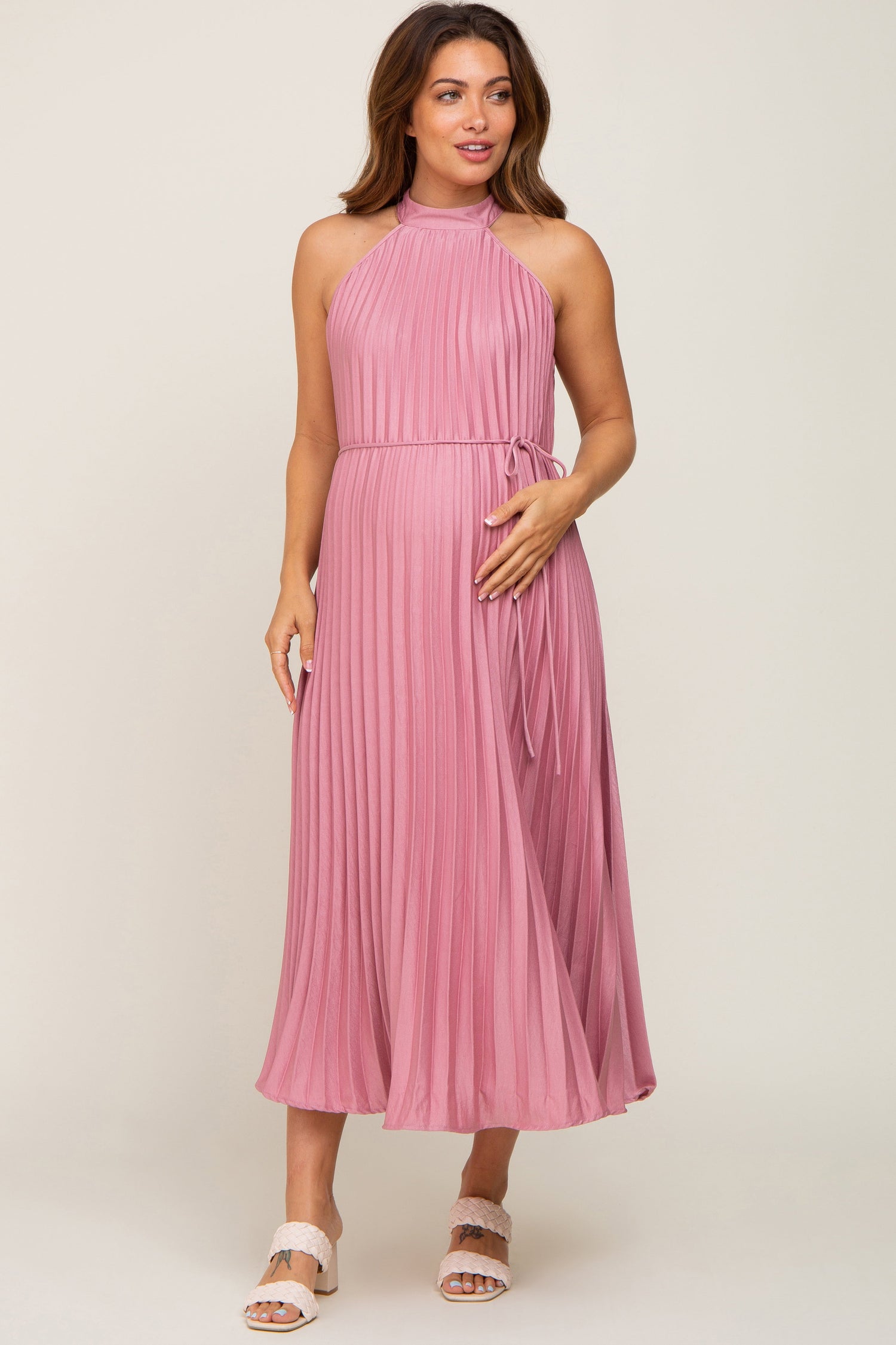 Pink Pleated Maternity Halter Dress by PinkBlush at Everetts Place