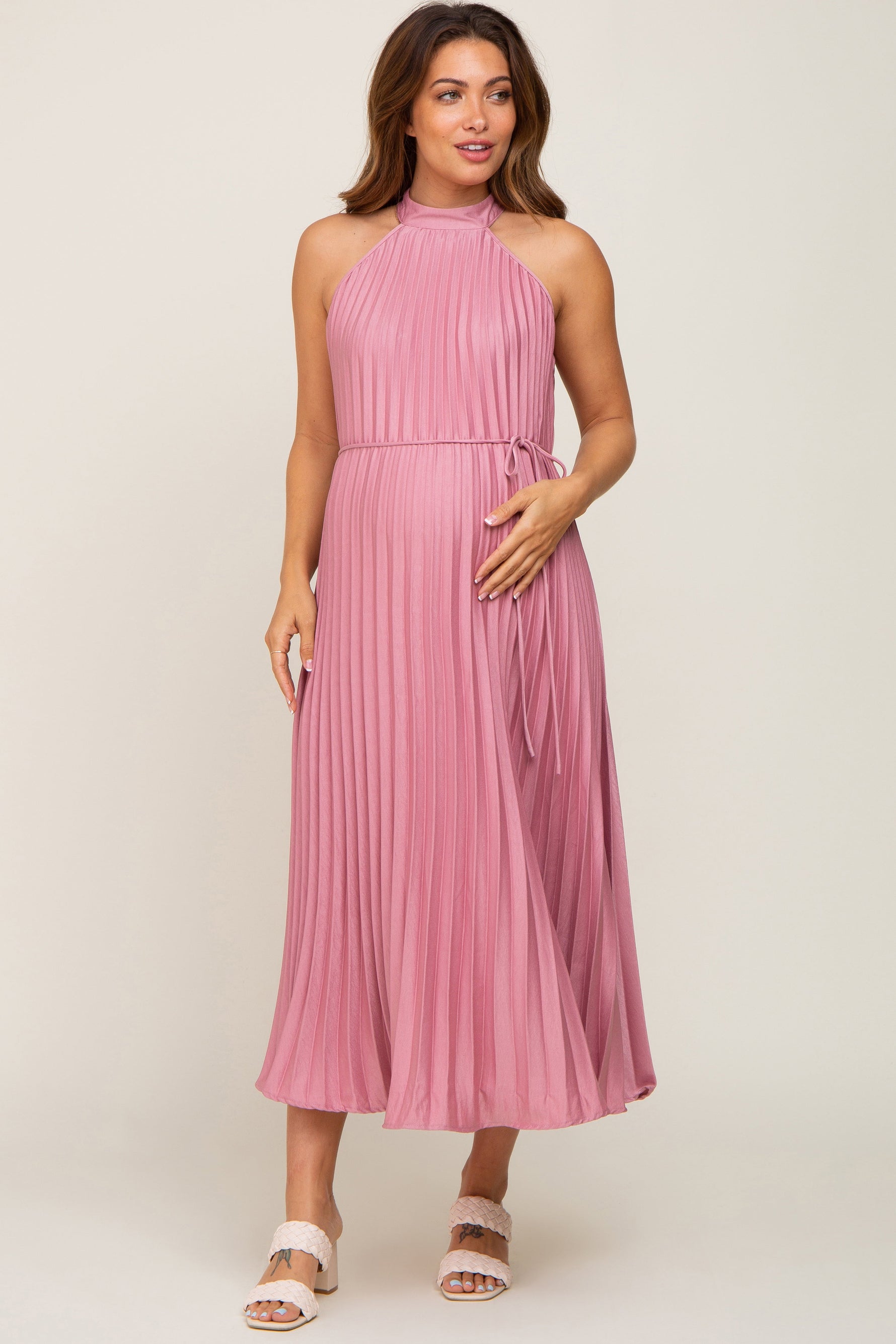 Pink Pleated Maternity Halter Dress by PinkBlush at Everetts Place