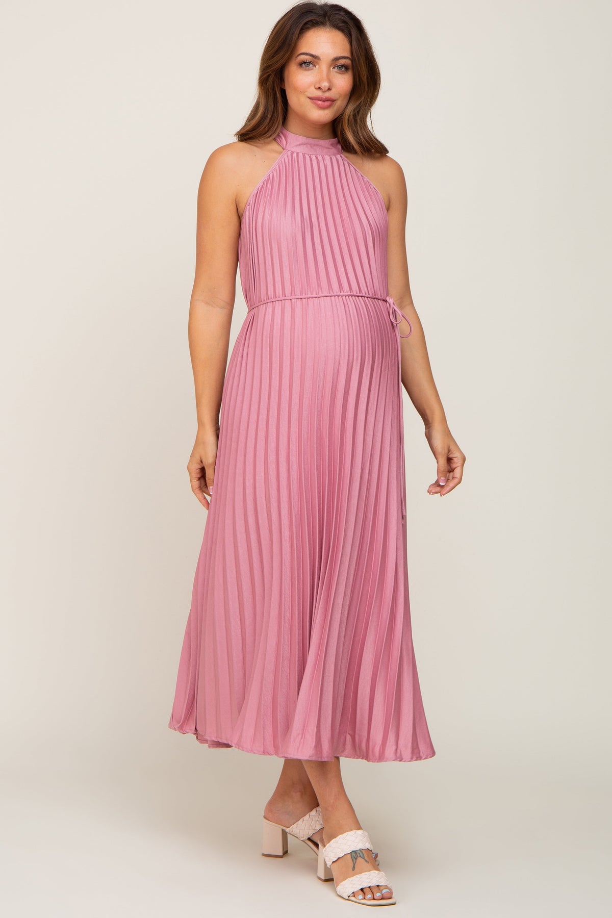 Pink Pleated Maternity Halter Dress by PinkBlush at Everetts Place
