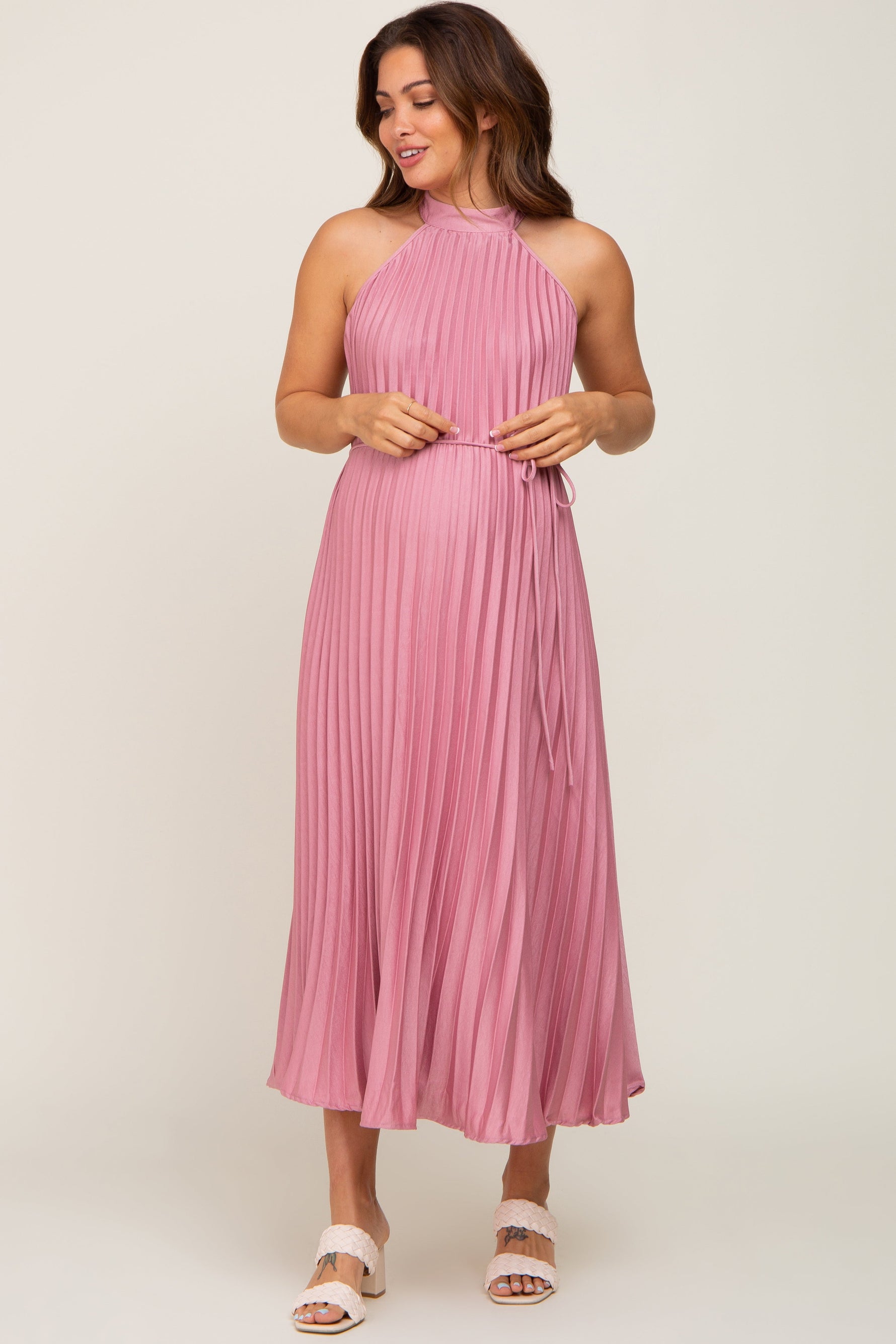 Pink Pleated Maternity Halter Dress by PinkBlush at Everetts Place