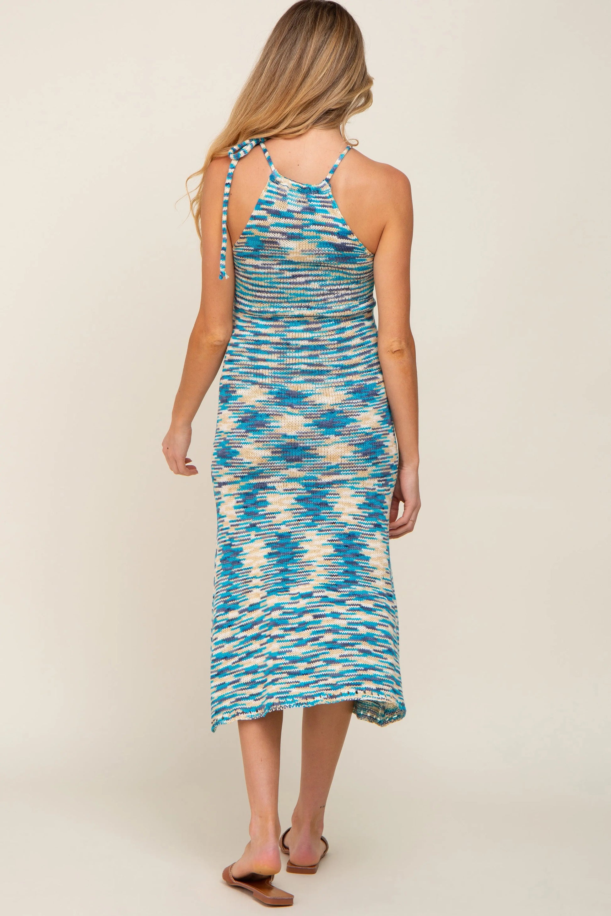 Blue Multicolor Open Knit Halter Maternity Midi Dress PinkBlush