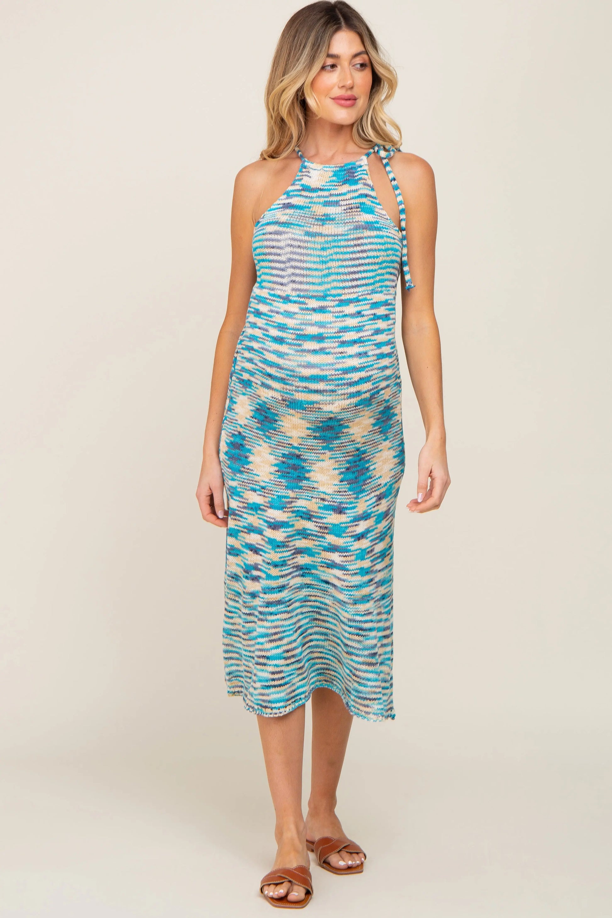 Blue Multicolor Open Knit Halter Maternity Midi Dress PinkBlush