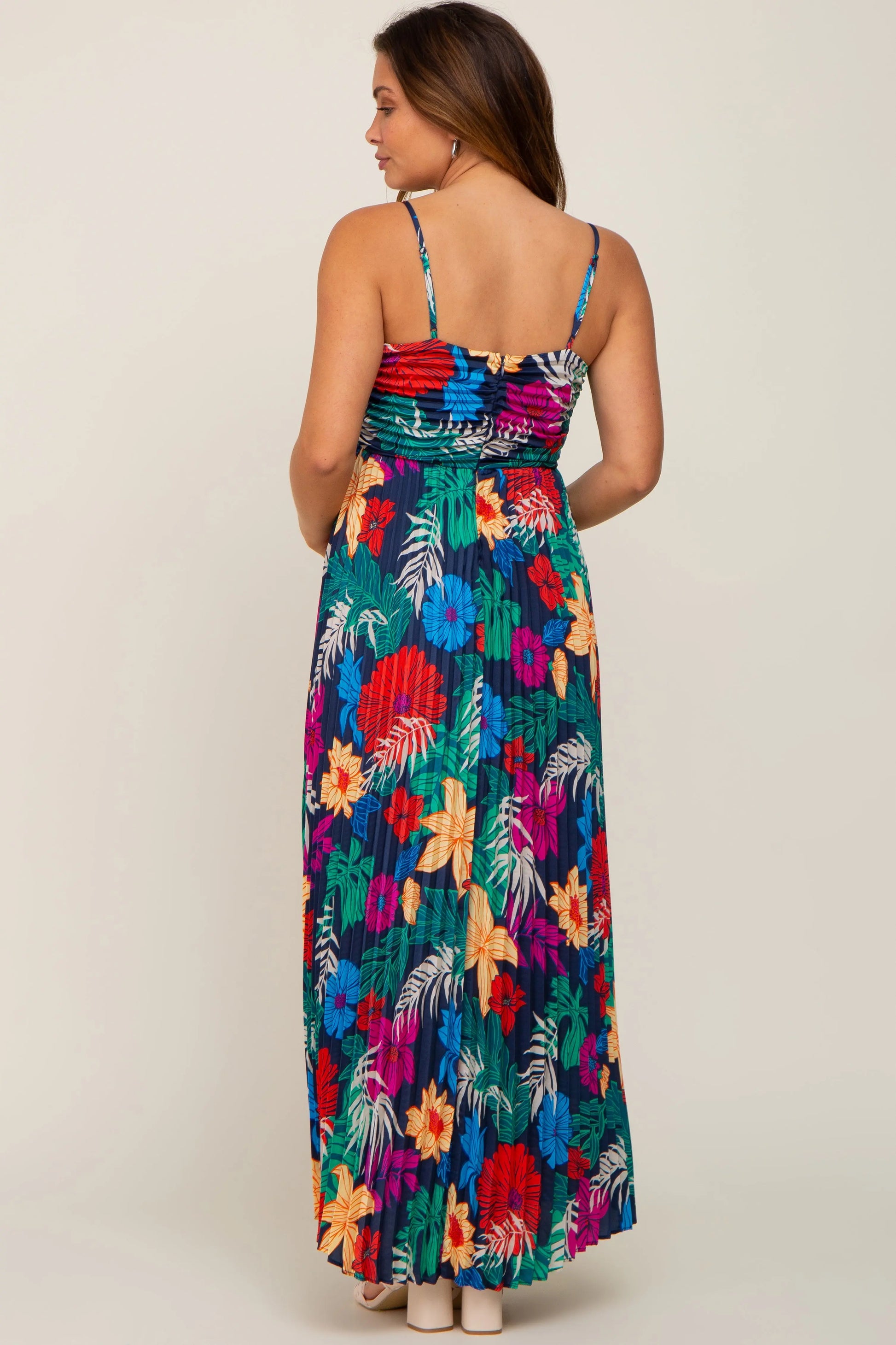 Black Tropical Floral Satin Pleated Maternity Maxi Dress PinkBlush
