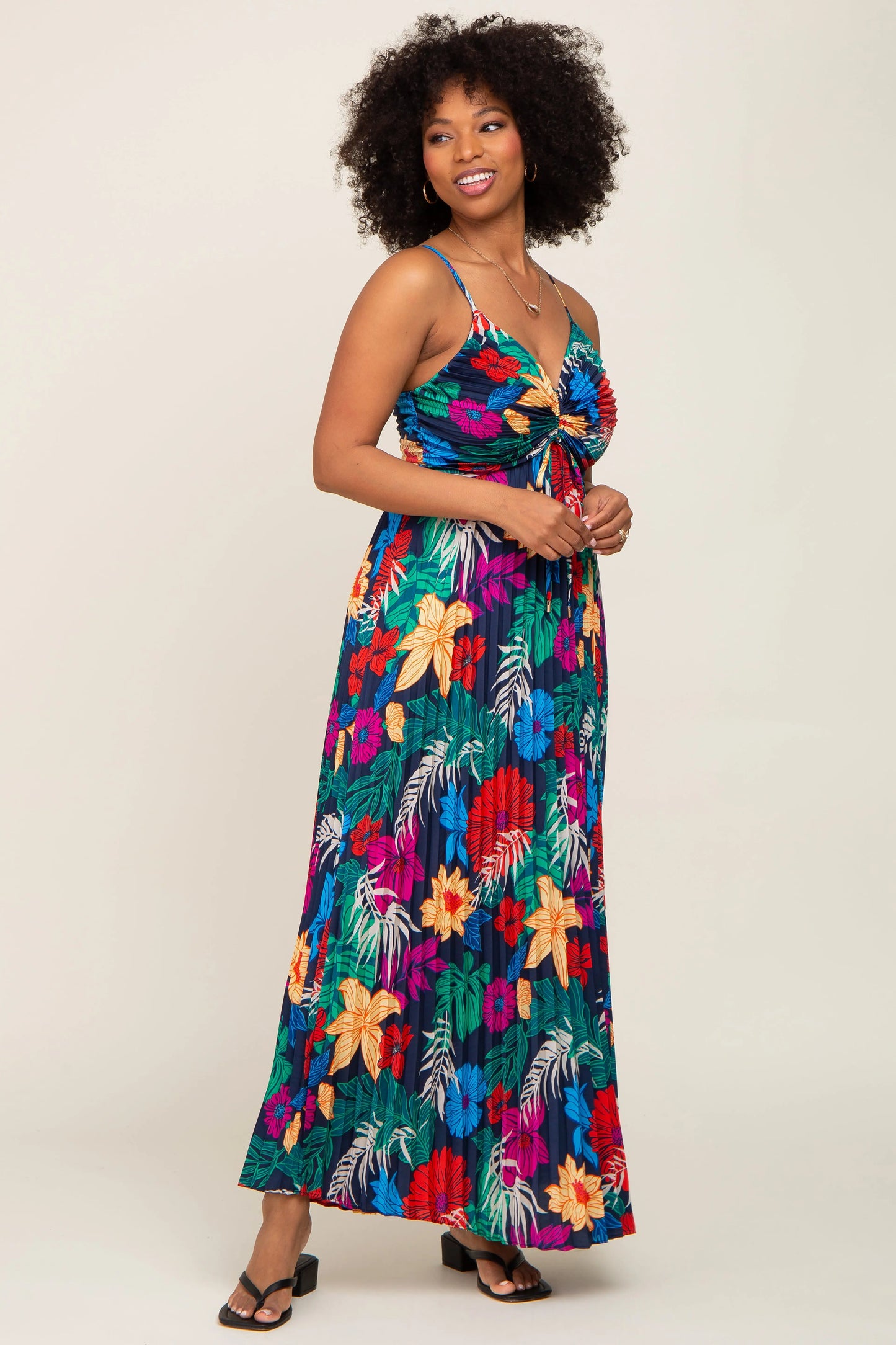Black Tropical Floral Satin Pleated Maternity Maxi Dress PinkBlush