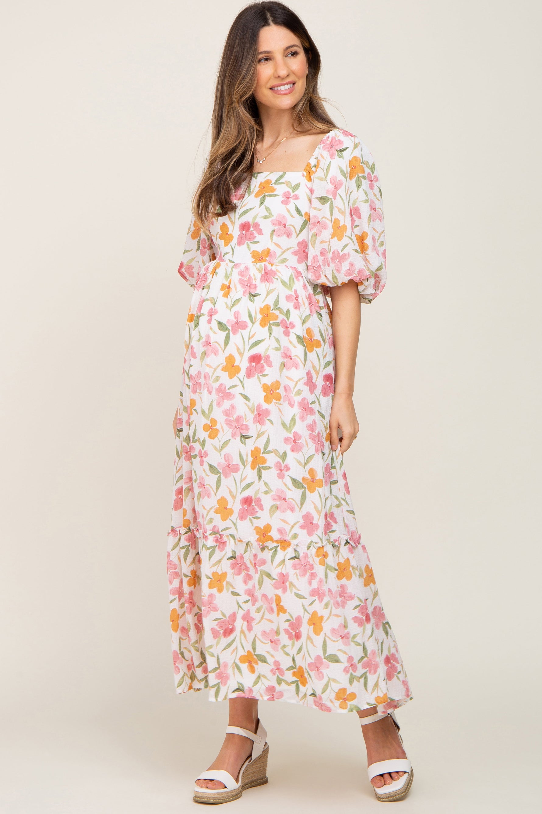 White Floral Puff Sleeve Maternity Maxi Dress by PinkBlush at Everetts Place