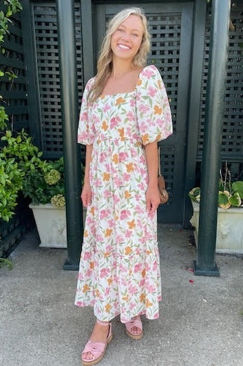 White Floral Puff Sleeve Maternity Maxi Dress by PinkBlush at Everetts Place