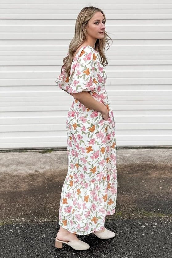 White Floral Puff Sleeve Maxi Dress by PinkBlush (view 8 of 8)