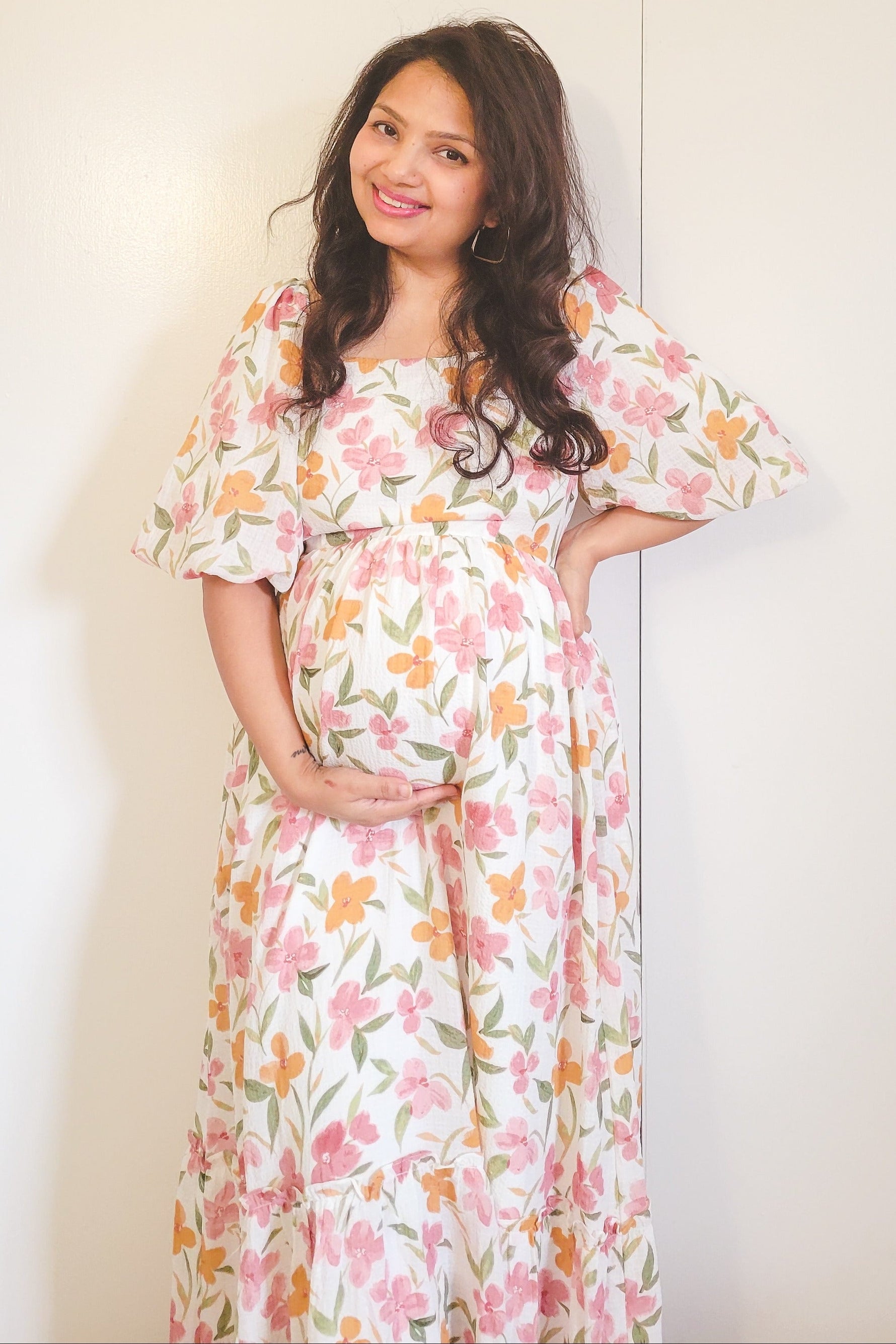 White Floral Puff Sleeve Maternity Maxi Dress by PinkBlush at Everetts Place