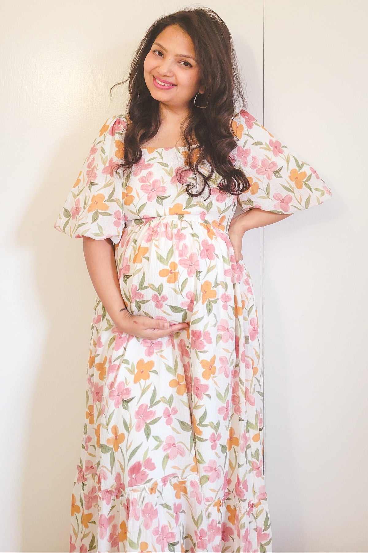 White Floral Puff Sleeve Maternity Maxi Dress by PinkBlush (view 6 of 8)