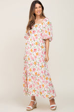 White Floral Puff Sleeve Maternity Maxi Dress by PinkBlush (view 1 of 8)