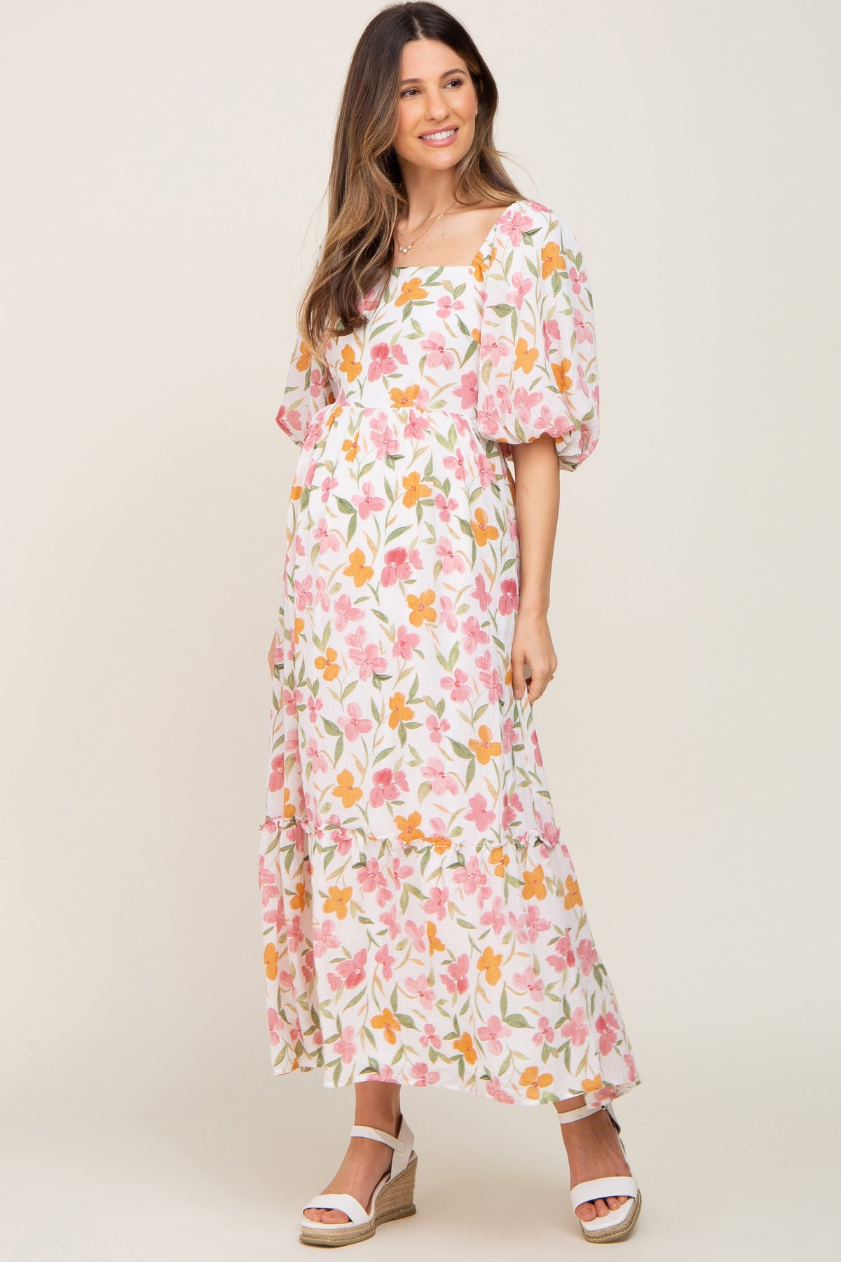 White Floral Puff Sleeve Maternity Maxi Dress by PinkBlush (view 1 of 8)