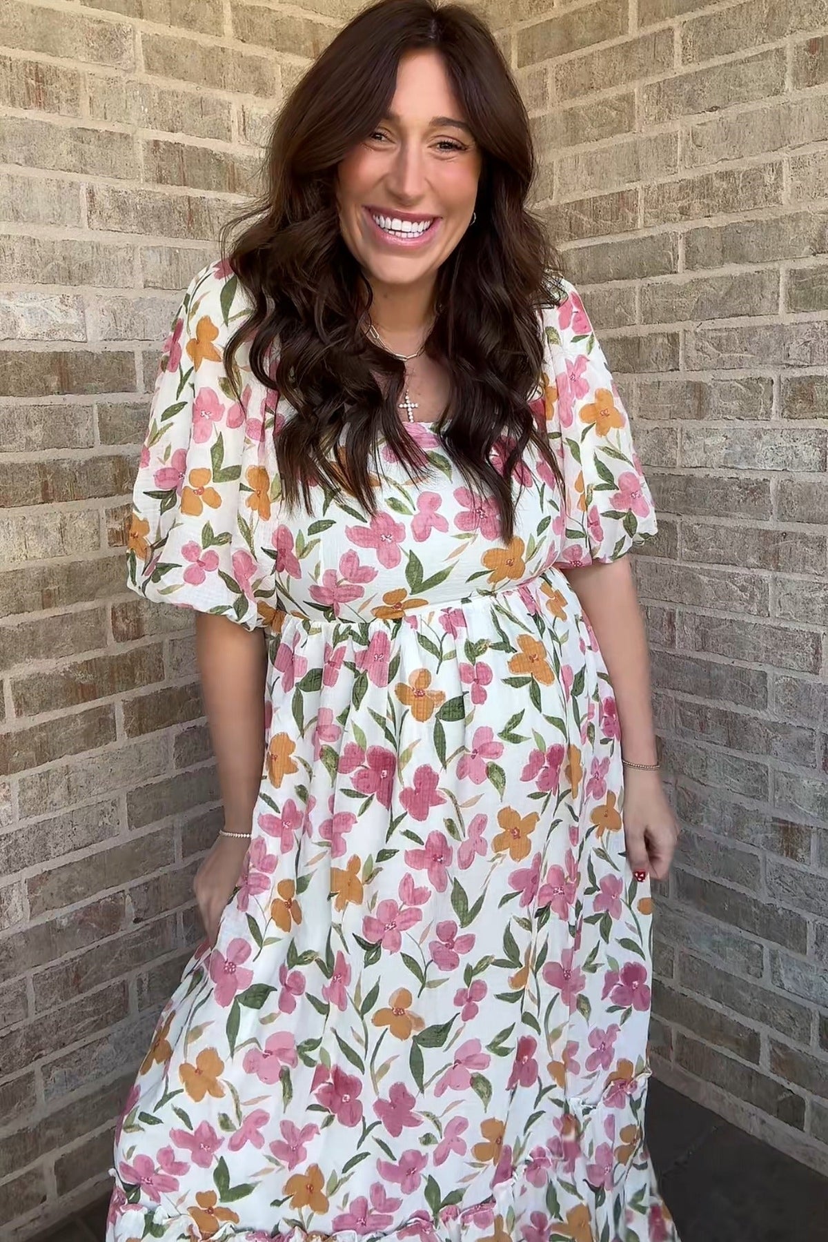 White Floral Puff Sleeve Maternity Maxi Dress by PinkBlush (view 7 of 8)