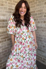 White Floral Puff Sleeve Maternity Maxi Dress by PinkBlush (view 7 of 8)