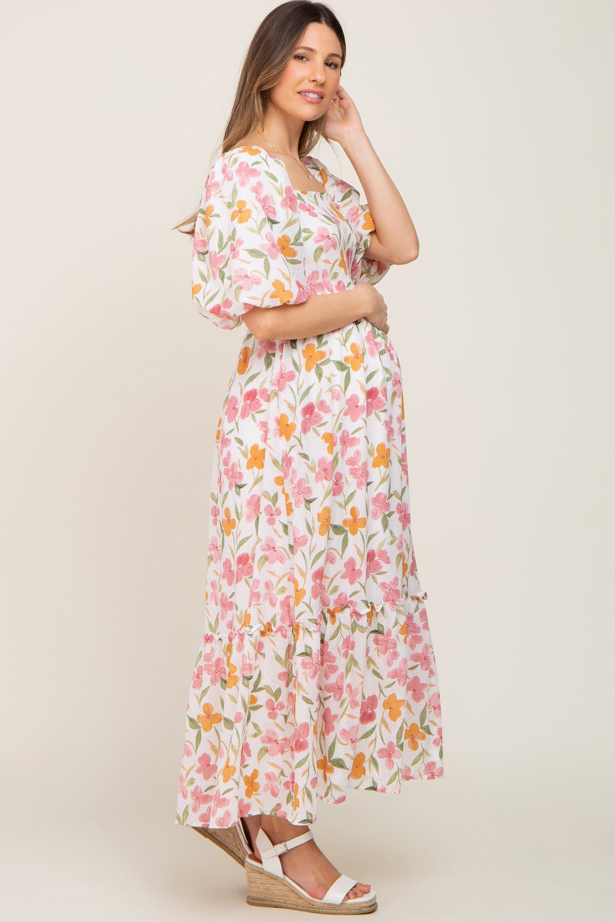 White Floral Puff Sleeve Maternity Maxi Dress by PinkBlush (view 2 of 8)