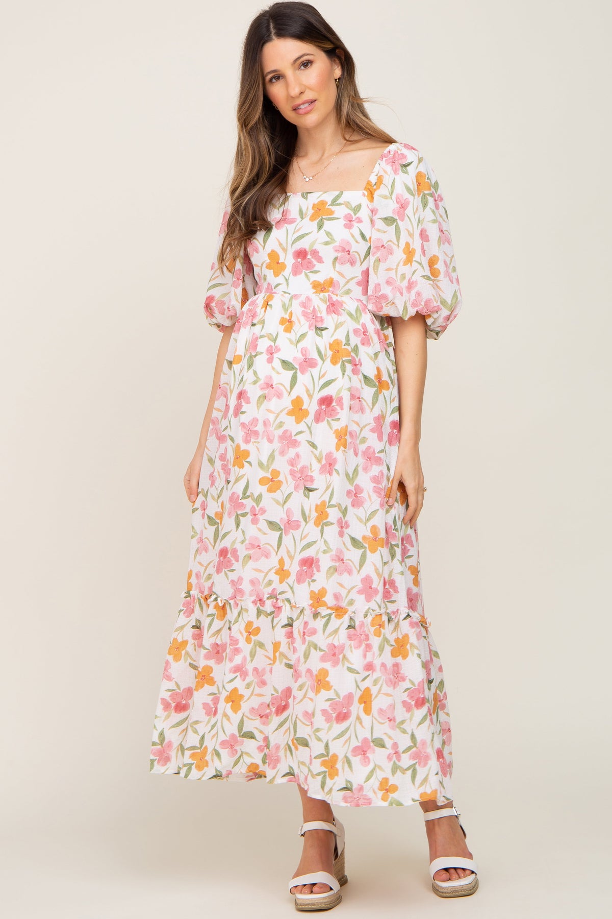 White Floral Puff Sleeve Maternity Maxi Dress by PinkBlush (view 4 of 8)