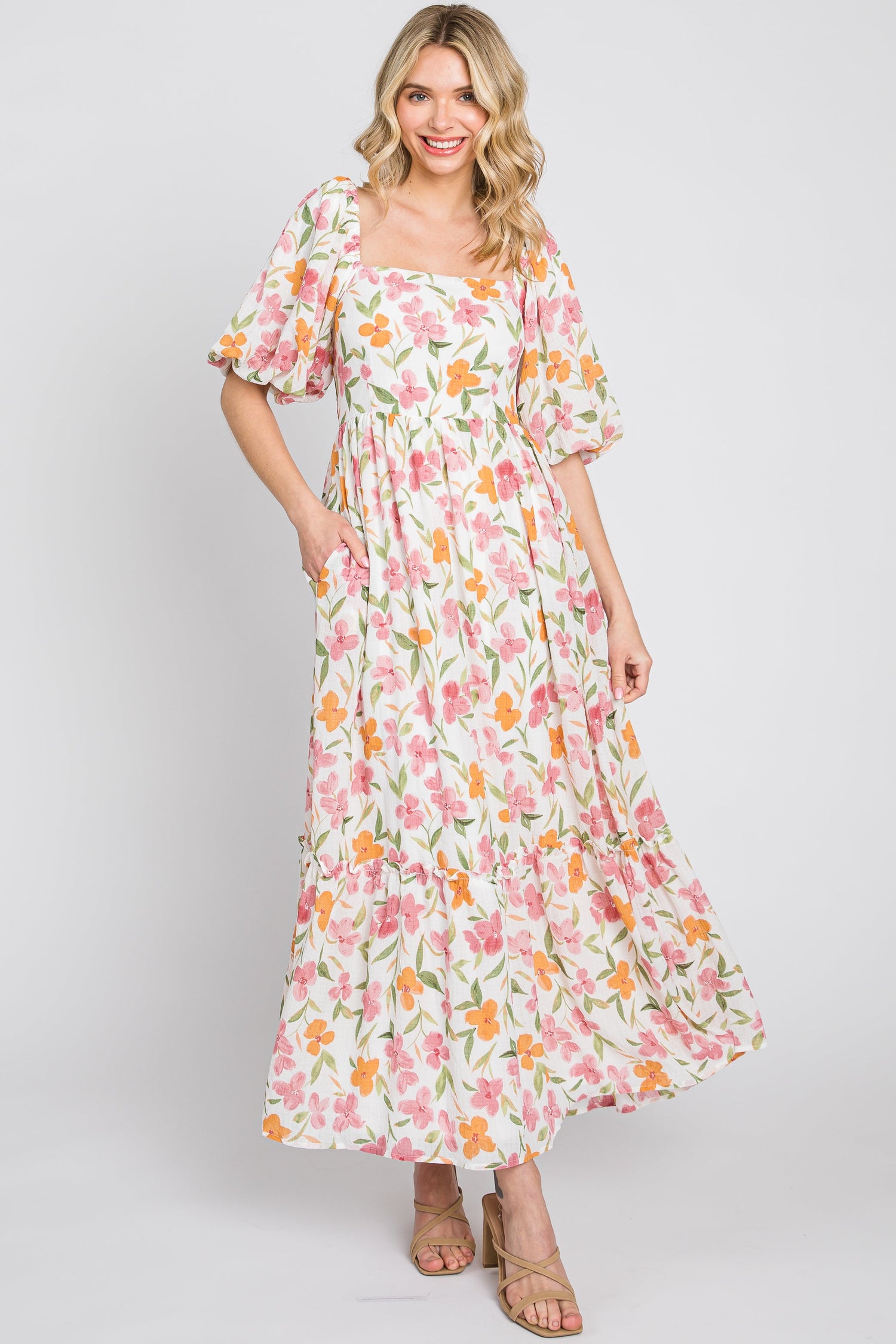 White Floral Puff Sleeve Maxi Dress by PinkBlush (view 2 of 8)