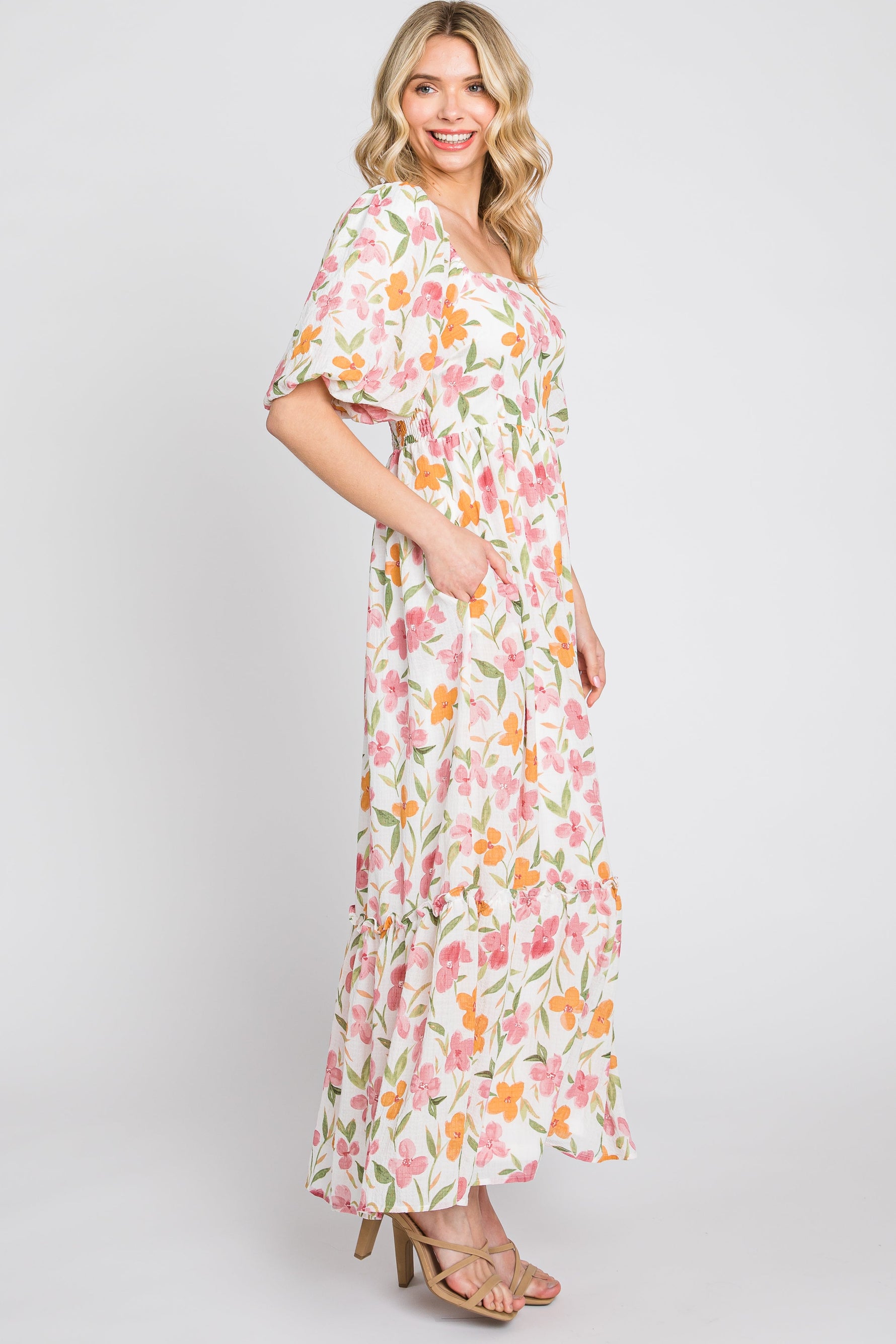White Floral Puff Sleeve Maxi Dress by PinkBlush at Everetts Place