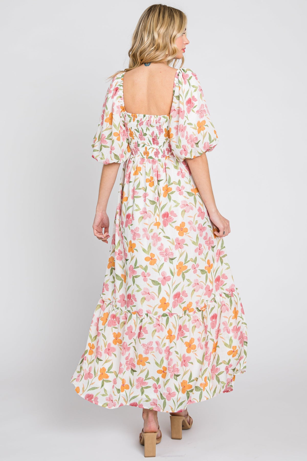 White Floral Puff Sleeve Maxi Dress by PinkBlush (view 4 of 8)
