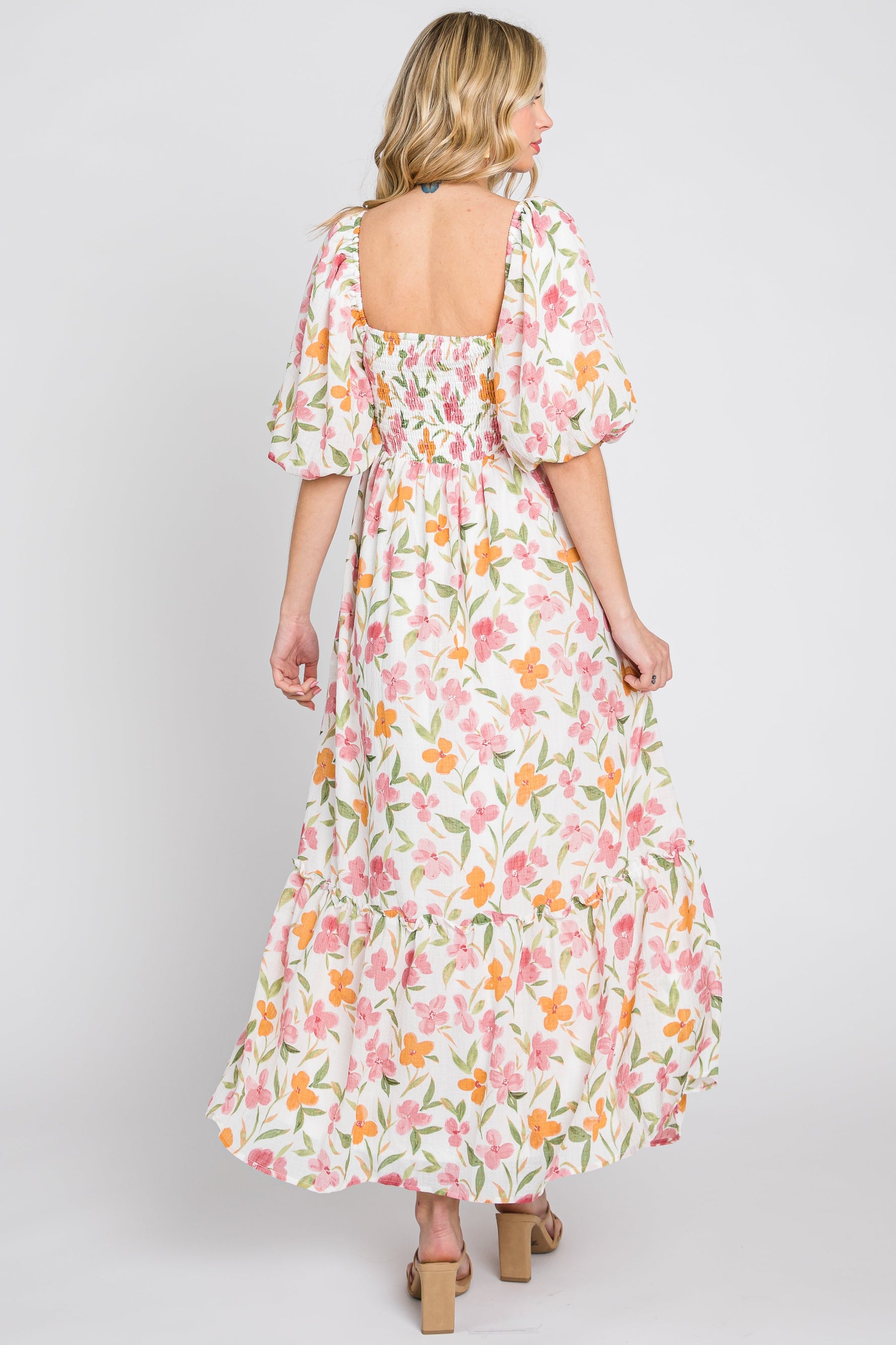 White Floral Puff Sleeve Maxi Dress by PinkBlush (view 4 of 8)