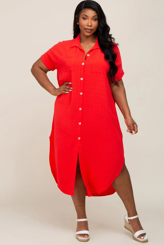 Red Button Down Hi Low Plus Maxi Dress With Pockets And Cuffed Sleeves PinkBlush