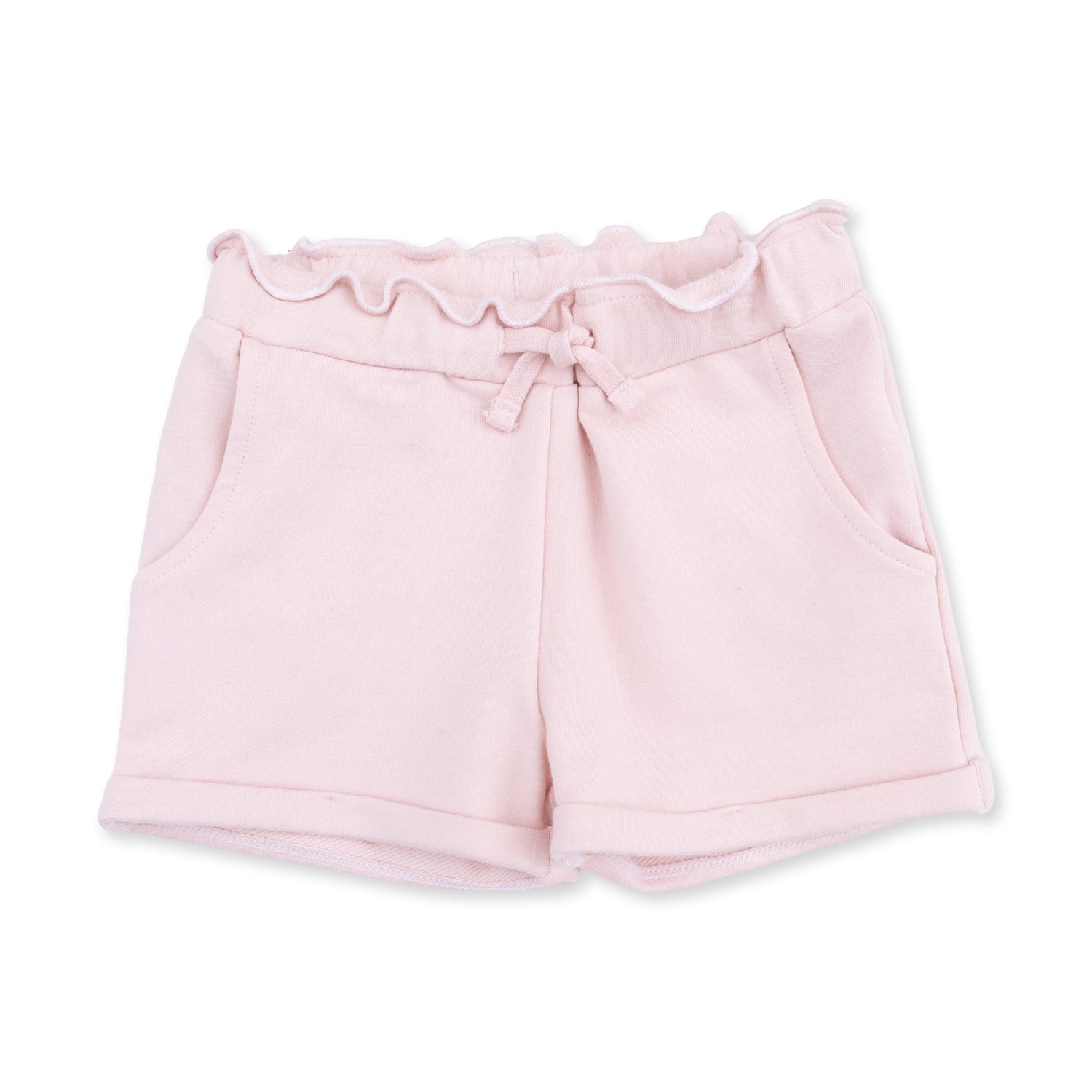 Baby paperbag-waist shorts in solid veiled pink with a drawstring waist and side pockets