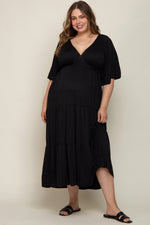 Black Deep V-Neck Tiered Maternity Plus Maxi Dress by PinkBlush (view 1 of 5)