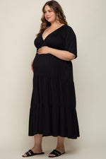 Black Deep V-Neck Tiered Maternity Plus Maxi Dress by PinkBlush (view 2 of 5)