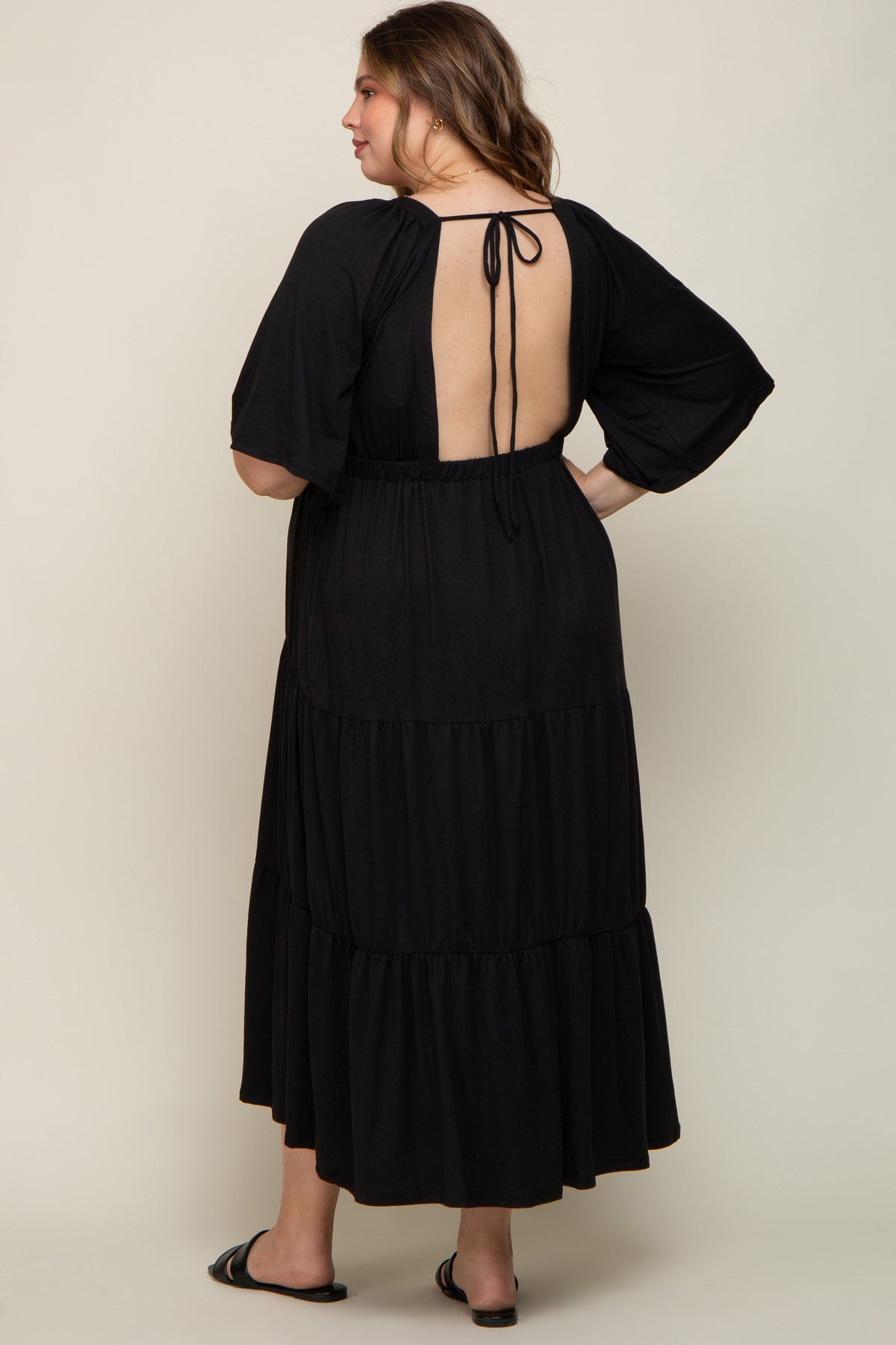 Black Deep V-Neck Tiered Maternity Plus Maxi Dress by PinkBlush (view 3 of 5)