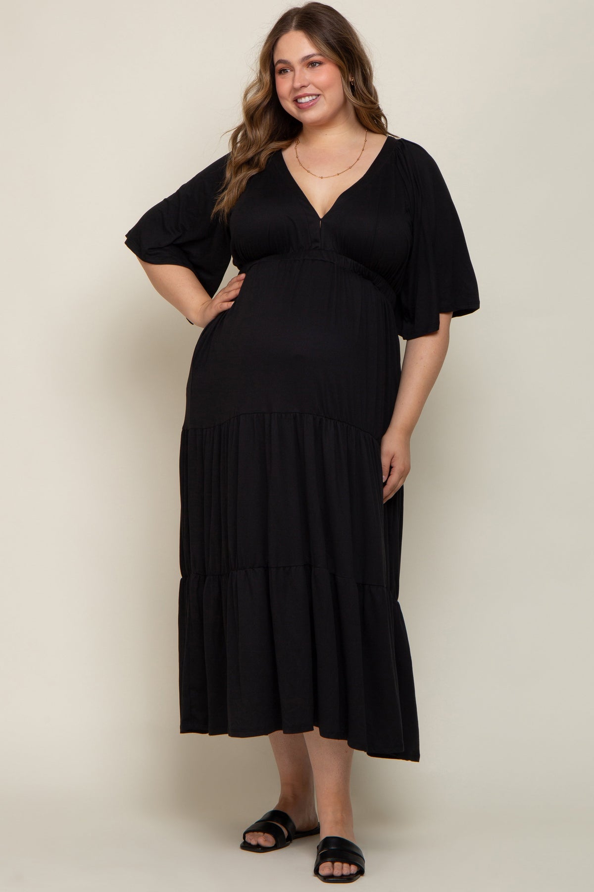 Black Deep V-Neck Tiered Maternity Plus Maxi Dress by PinkBlush (view 4 of 5)