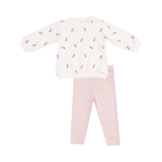 French Terry Oversized Sweatshirt and Leggings Set with Embroidered Danish Daisies Angel Dear