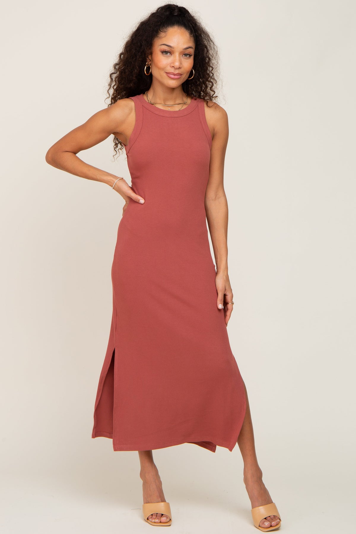 Rust Ribbed Side Slit Tank Dress - Neck, Sleeveless shirt, One-piece garment, Waist, Knee | Everetts Place