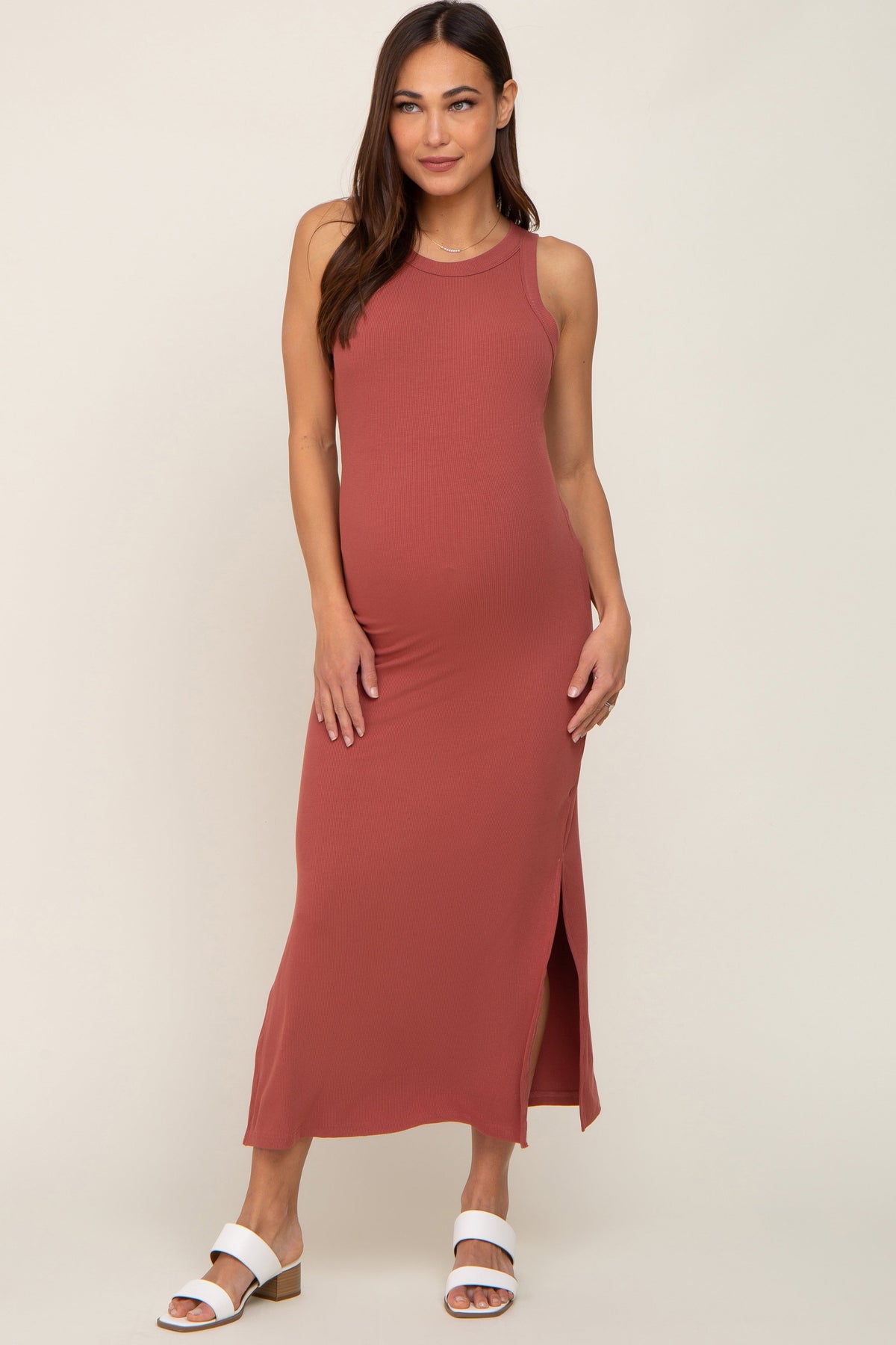 Rust Ribbed Maternity Side Slit Tank Dress by PinkBlush at Everetts Place