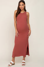 Rust Ribbed Maternity Side Slit Tank Dress by PinkBlush at Everetts Place